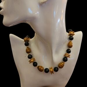 Vintage West Germany Black and Brown Plastic Faceted Beaded Necklace